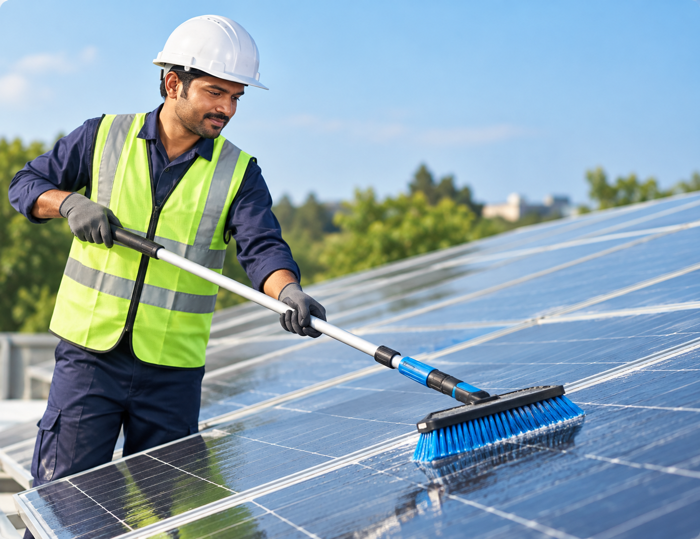 Solar technician cleaning photovoltaic panels